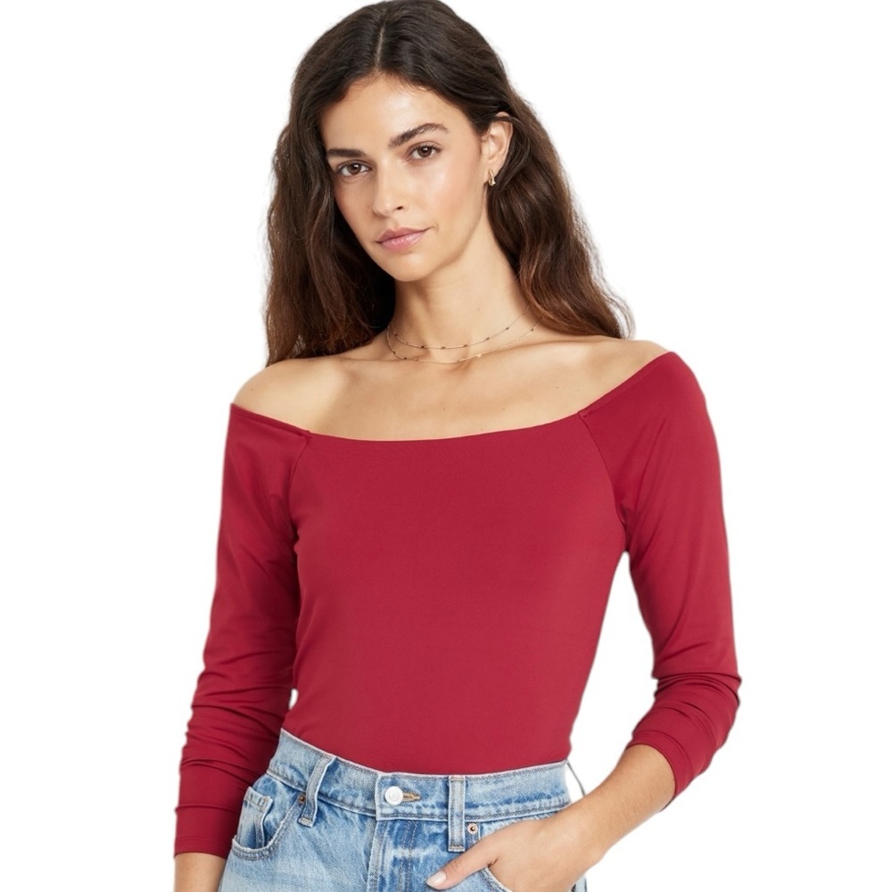 Off-the-Shoulder Long Sleeve Top in Deep Red